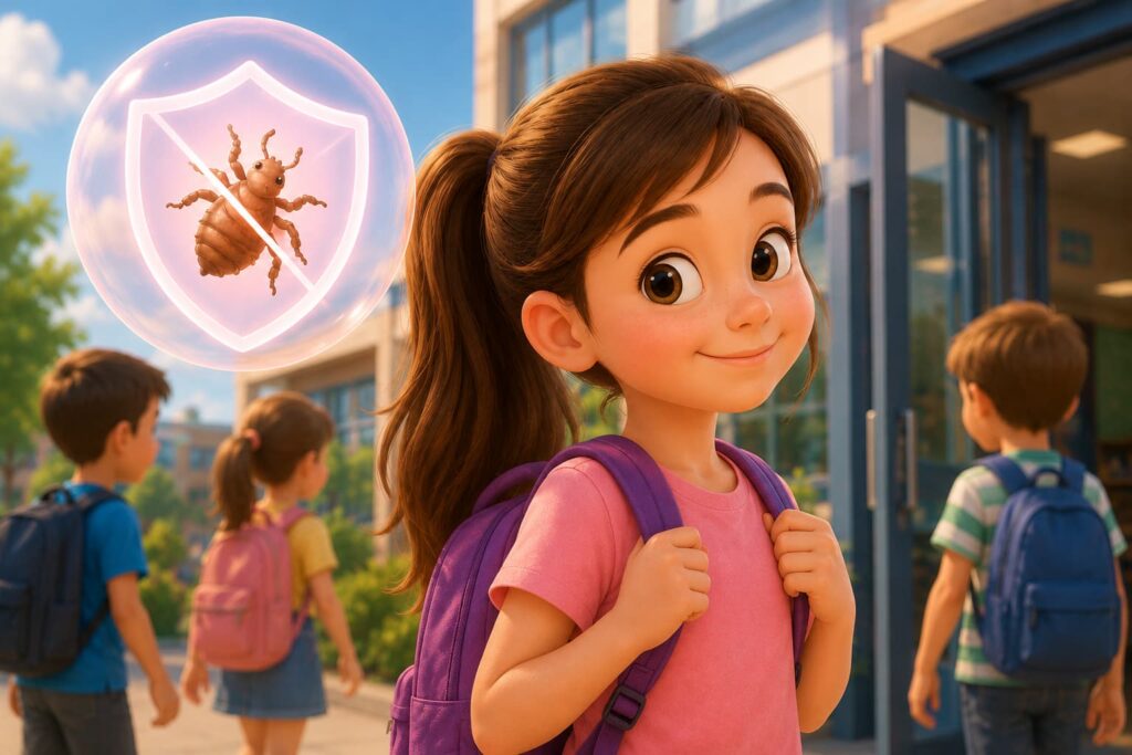 Animated school-themed illustration of a happy child protected during school season with a natural daily lice prevention routine for children.